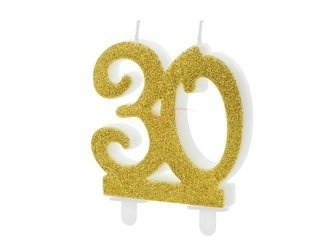 Świeczka urodzinowa - Liczba 30 - Brokatowa - Złota - 7.5 cm