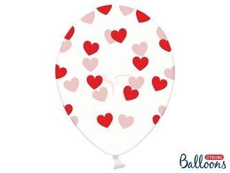 Balony Strong 30cm - Crystal Clear - Czerwone Serca - 50 sztuk