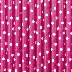 Słomki papierowe - Ciemnoróżowe w białe kropki - 19.5 cm - 10 sztuk