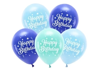 Balony ECO 26 cm - Happy Birthday - Niebieski - 5 szt.