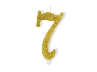 Świeczka urodzinowa - Cyfra 7 - Brokatowa - Złota - 10 cm