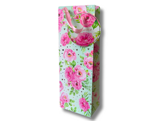 Torebka prezentowa - Jasnozielona w różowe kwiaty - 12,9 x 35,9 x 8cm