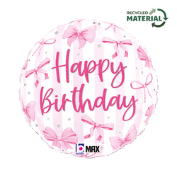 Balon foliowy 46cm - Okrągły - Happy Birthday - Różowe kokardki