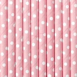 Słomki papierowe - Jasnoróżowe w białe kropki - 19.5 cm - 10 sztuk